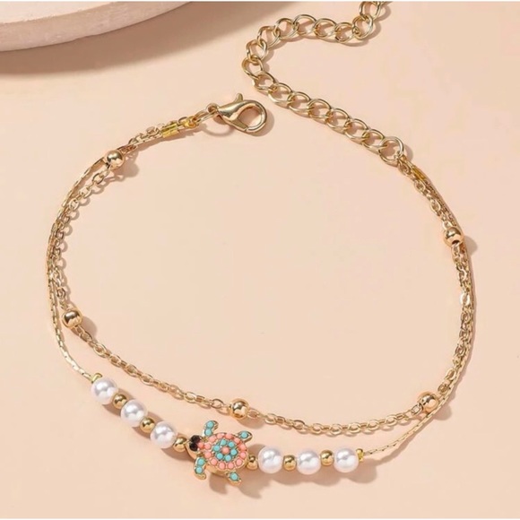 1 LEFT! Gold Layered Pearl And Turtle Ankle Bracelet - Picture 2 of 4